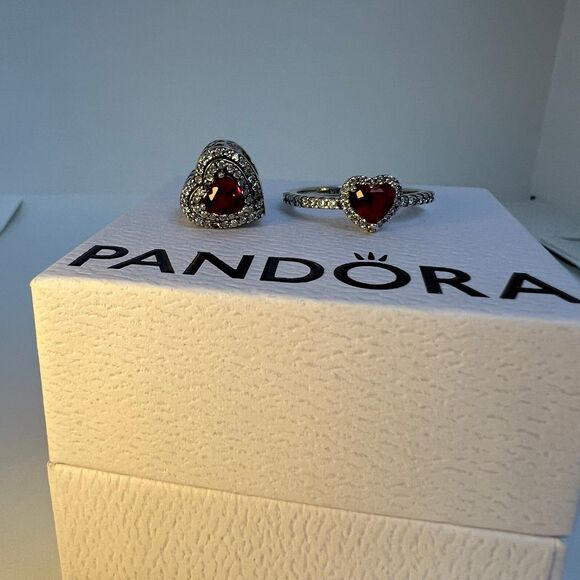 Pandora Elevated Red Heart Ring & Sparkling Leveled Heart Charm - Picture 8 of 12